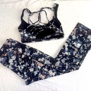 Lululemon Athletica Black and White Floral Sports Bra and Leggings‎ Set Sz 4 #cc